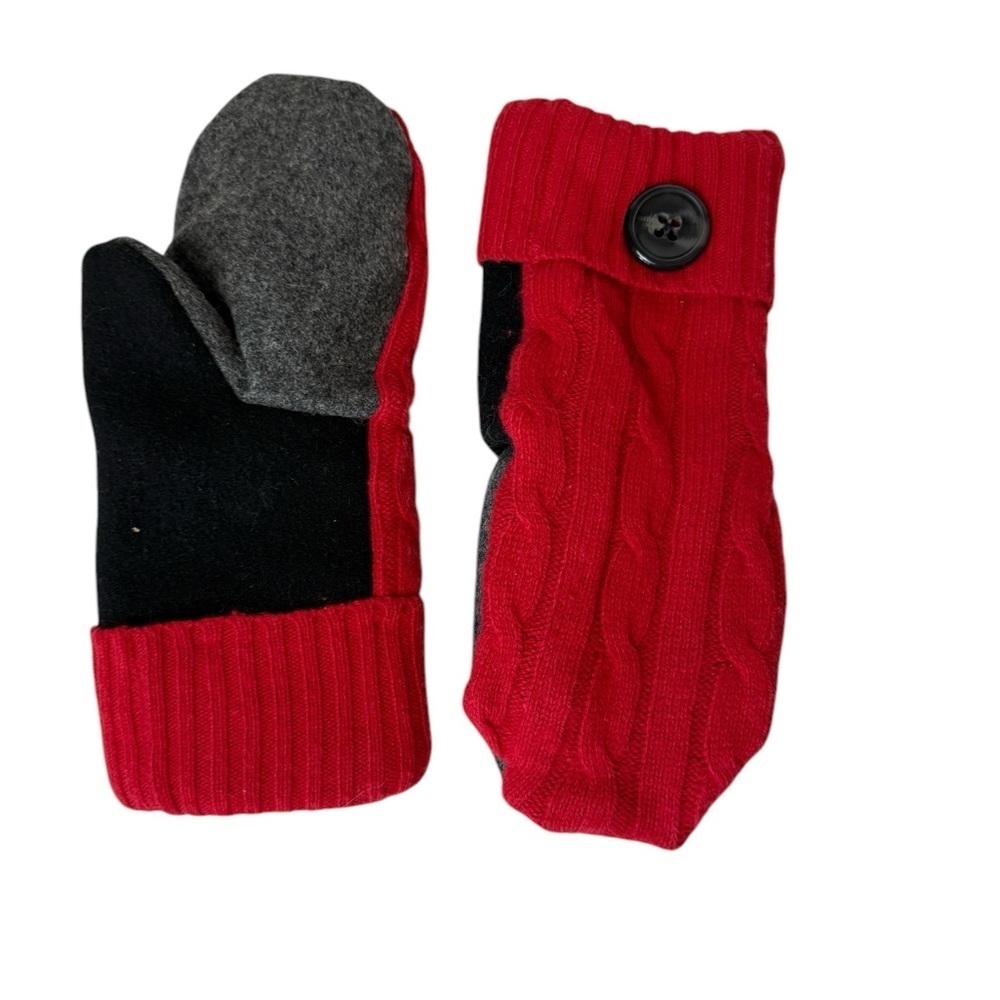 Red Handmade Winter Mittens Upcycled Sweaters Recycled Wool Blend Fleece Lined